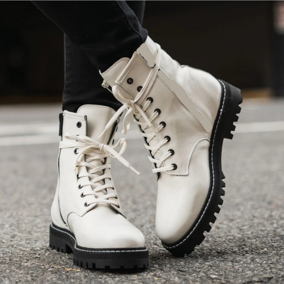 Edgy Chic Steve Madden Rhinestone Embellished Bone Leather Combat Boots - Picture 6 of 7